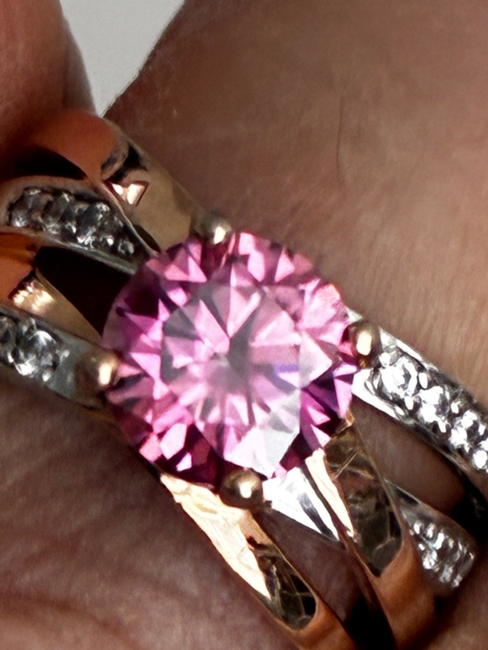 925 Sterling Silver Pink Moissanite cris cross highway open design ring.